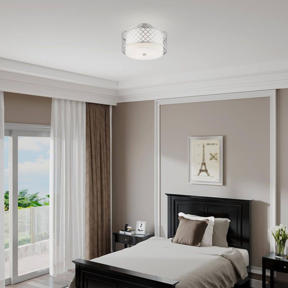 Arabesque Brushed Nickel 3-Light Semi-Flush Mount with Off-White Fabric Shade