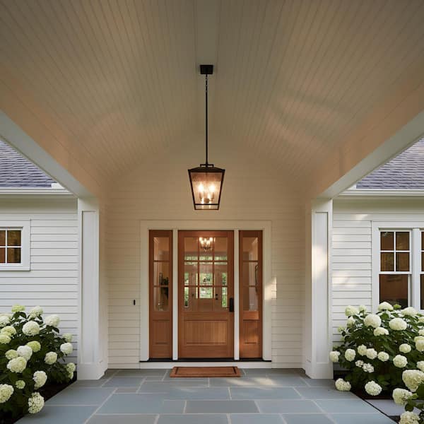 Kennewick 9 in. W x 14.125 in. H 2-Light Antique Bronze Outdoor Pendant Light with Distressed Seeded Glass Shades