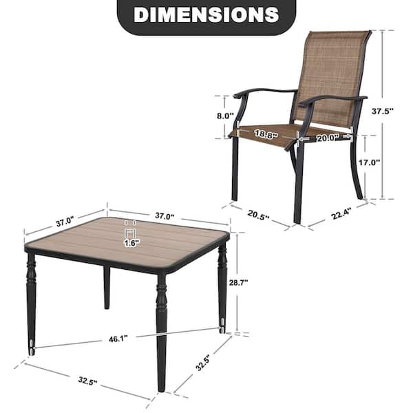 Black 5-Piece Textilene and Metal Square Outdoor Dining Set with Umbrella Hole and Wood-Grain Tabletop
