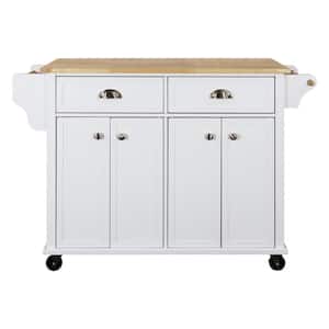 White Solid Wood Drop Leaf Countertop 51.88 in. W Rolling Kitchen Island Cart on Wheels, Adjustable Shelf