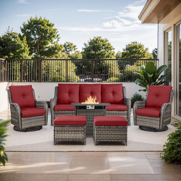 moosprr 6-Piece Gray Wicker Outdoor Chat Sets with Olefin Red Cushions and Curved Arm Swivel Glider/Couch and Ottoman