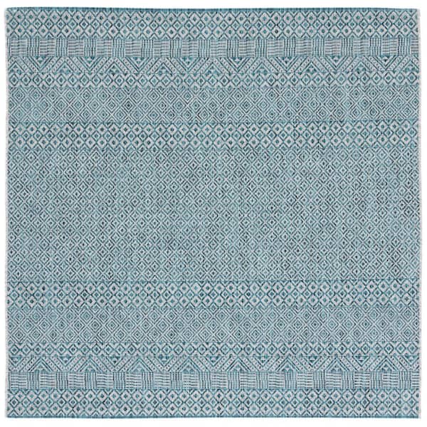 SAFAVIEH Courtyard Gray/Aqua 7 ft. x 7 ft. Geometric Diamond Indoor/Outdoor Square Area Rug