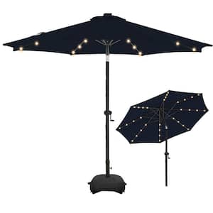 11 ft. Aluminum Solar Led Market Umbrella Outdoor Patio Umbrella with Base and LED Lights in Navy Blue