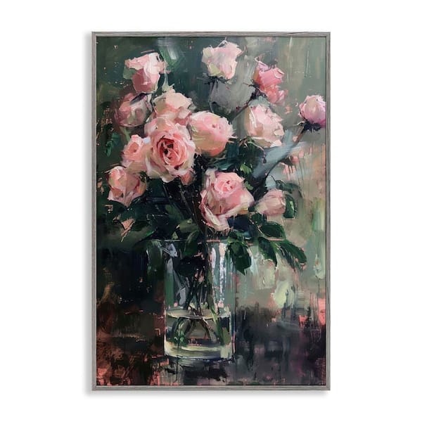 Stupell Industries Pretty Pink Roses Vase by LSR Design Studio Gray Framed Nature Giclee Art Print 24 in. x 16 in.