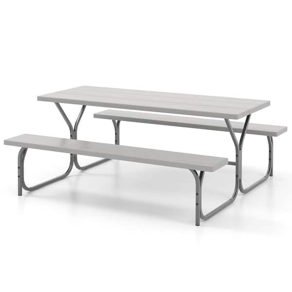 ANGELES HOME 72 in. Gray RecTangle Metal Picnic Table Seats 8-People with 2-Benches, Umbrella Hole