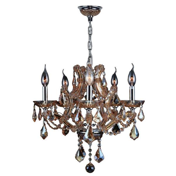 Worldwide Lighting Lyre Collection 5-Light Polished Chrome with Amber Crystal Chandelier