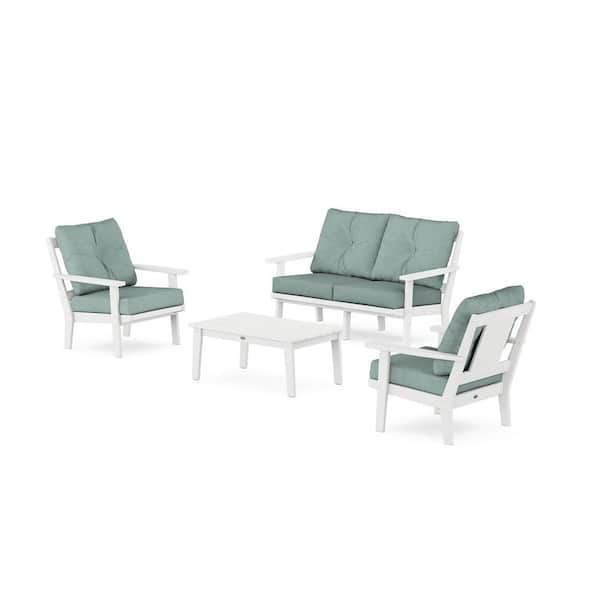 POLYWOOD Prairie 4-Pcs Plastic Patio Conversation Set with Loveseat in White/Glacier Spa Cushions
