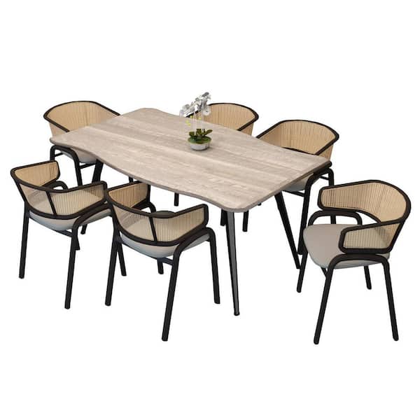 Leisuremod 7-Piece Dining Set with 63 in. Wide Table and 6 Velvet Side Chairs Wicker Back Ravenna Series (Sun bleached Grey Beige)