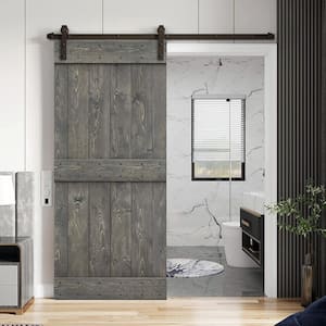 Distressed Mid-Bar 24in. x 84in. Weather Gray Stained Solid Knotty Pine Wood Interior Sliding Barn Door w/ Hardware Kit