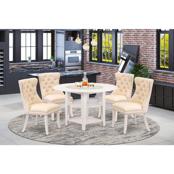 East West Furniture 5-Piece Linen White Finish Solid Wood Top - Round Dining Room Set with Dropleaf - Seats 4