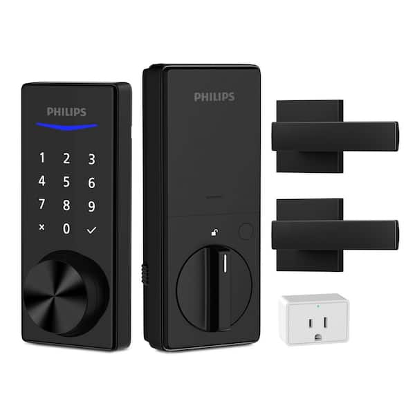 Bluetooth Touchscreen Smart Deadbolt with Wi-Fi Bridge and Square Zinc Lever Door Handle Set - Matte Black