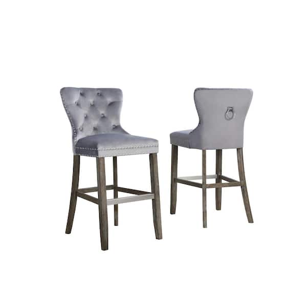 Best Quality Furniture Maya 29 in. H Dark Grey Velvet Upholstered Full Back Bar Stool with Wood Legs, Nail Head Trim and Back Ring (Set of 2)