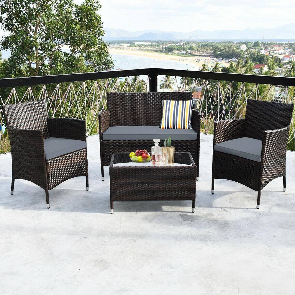 4-Piece Gray Rattan Wicker Patio Sofa Set with Cushions and Coffee Table