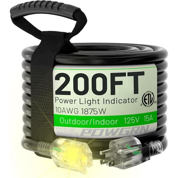 200 ft 10/3 Heavy Duty Outdoor Extension Cord Waterproof Flexible Lighted End Power Cord Black