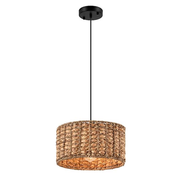 ZSMIHDOH 11.8 in. 1-Light Black and Natural Pendant Light with Rattan Shade, No Bulbs Included