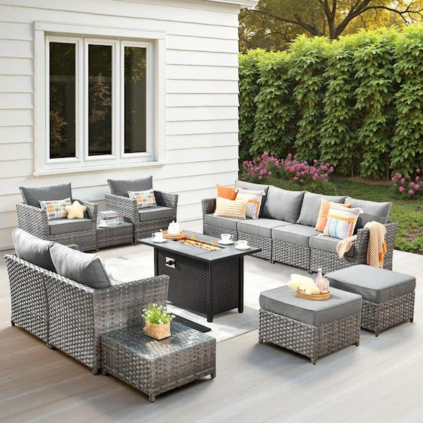 Eufaula Gray 13-Piece Wicker Modern Outdoor Patio Fire Pit Conversation Sofa Seating Set with Dark Gray Cushions