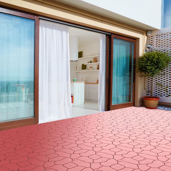 11.5 in. x 11.5 in. Outdoor Interlocking Brick Look Polypropylene Patio and Deck Tile Flooring in Brick Red (Set of 6)