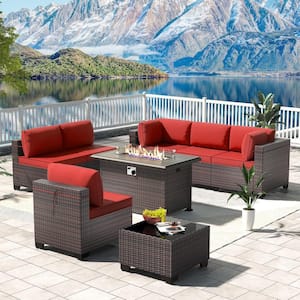 8-Piece Wicker Patio Conversation Set with 55000 BTU Gas Fire Pit Table and Glass Coffee Table and Red Cushions
