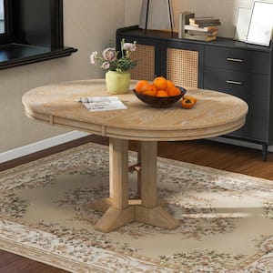 Farmhouse Round Natural Wood Wash Wood 58.27 in.Pedestal Dining Table Seats for 6