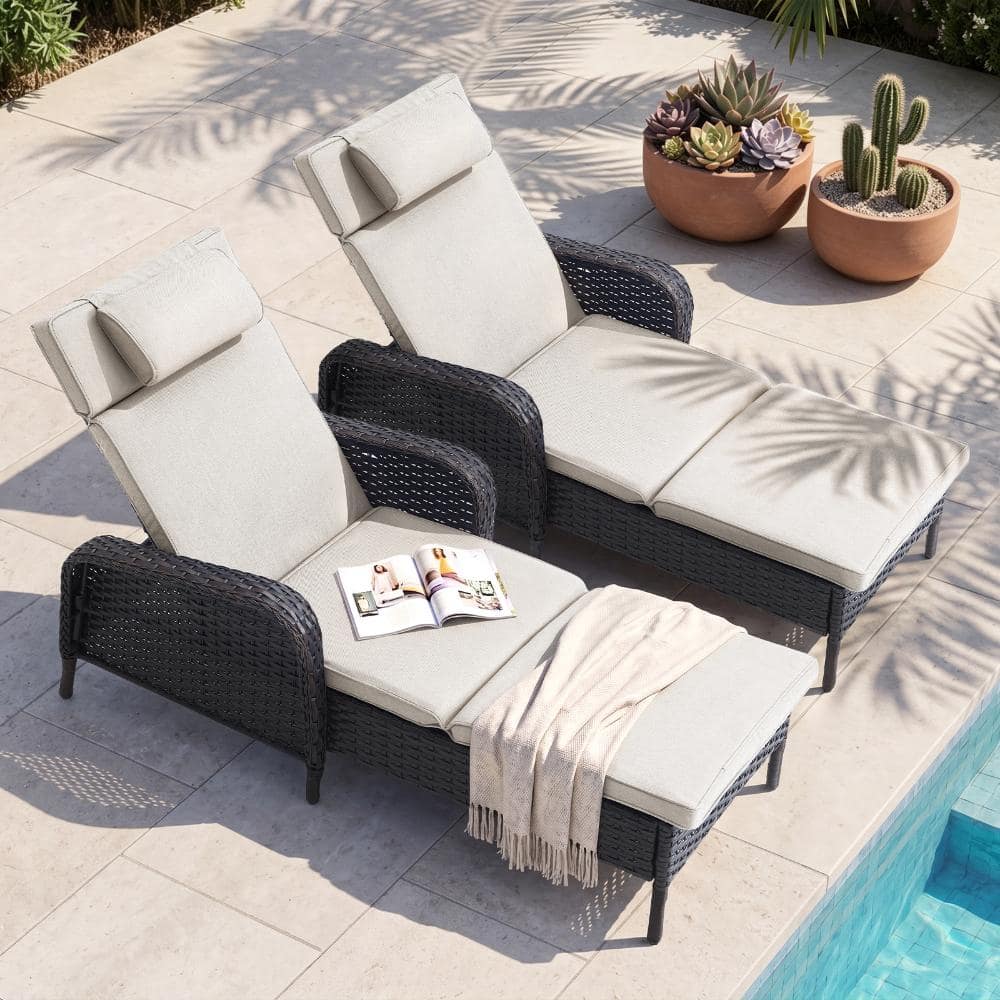 Wellcane 2-Piece Brown Wicker Outdoor Chaise Lounge Chair with Adjustable Backrest, Outdoor Recliner with Beige Cushion price history on PriceWatchPro