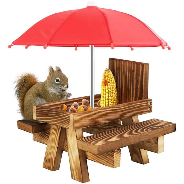 ITOPFOX 8.27 in. Brown Rectangle Wooden Squirrel Feeder Picnic Table Seats 2 Squirrels with Umbrella
