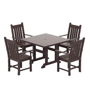 Hayes 5-Piece HDPE Plastic Outdoor Patio Dining Set with Square Table and Arm Chairs in Dark Brown
