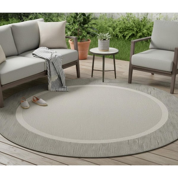 Recife Stria Texture Ivory-Taupe 8 ft. x 8 ft. Flatwoven Solid Round Indoor/Outdoor Area Rug