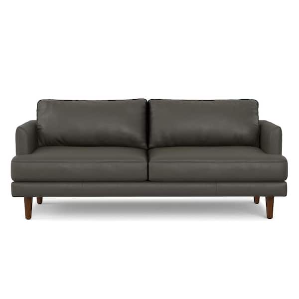 Livingston 76 in. Straight Arm Genuine Leather Wide Rectangle Mid-Century Modern Sofa in. Coal Top Grain