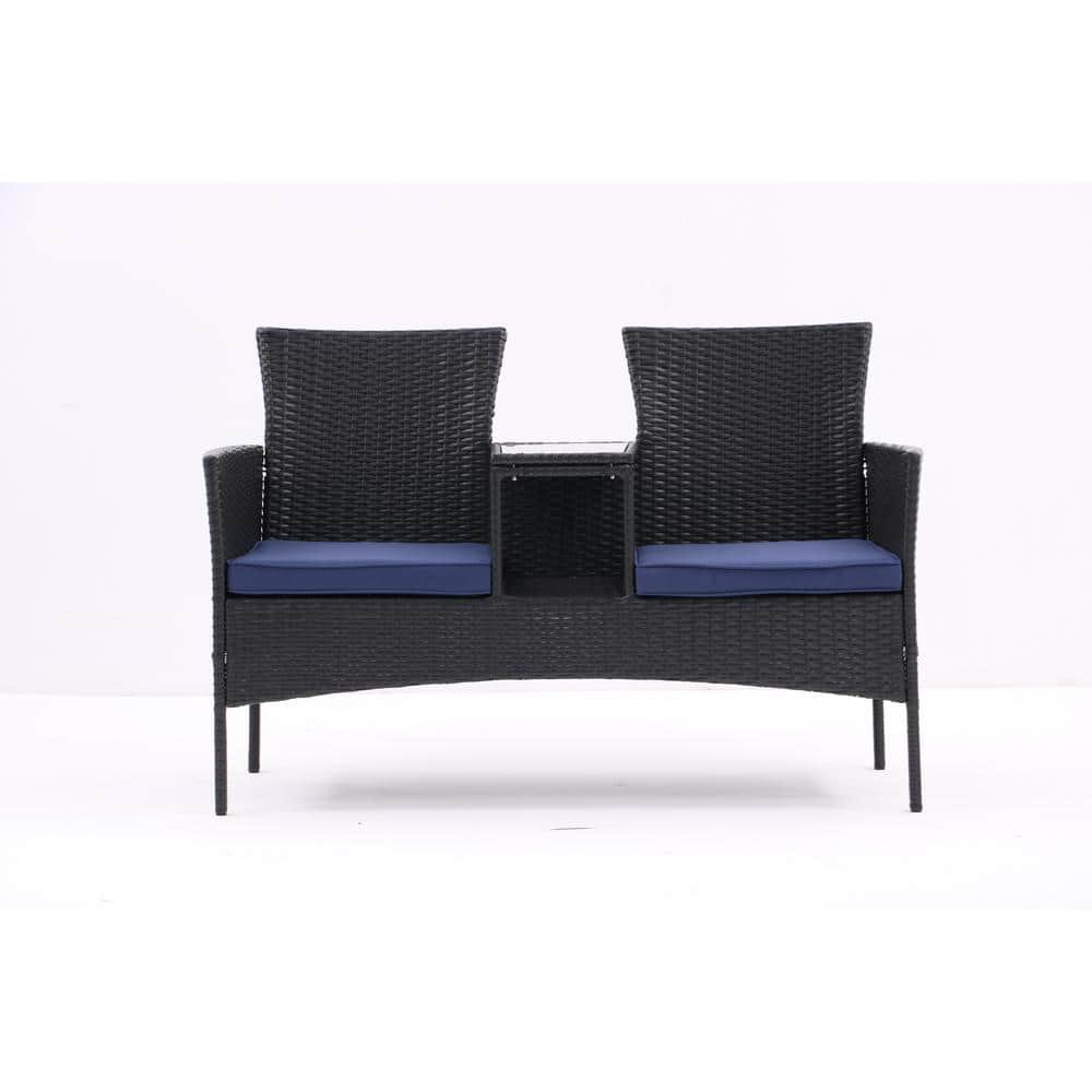 Dark Coffee Wicker Outdoor Loveseat Set with Blue Cushions Patio Conversati