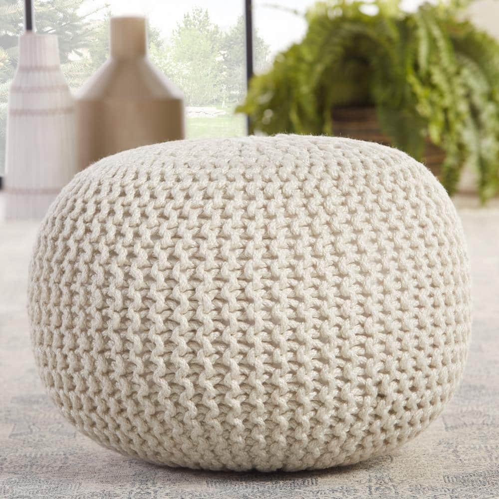 Beige Chunky Knit Indoor/Outdoor Round Pouf