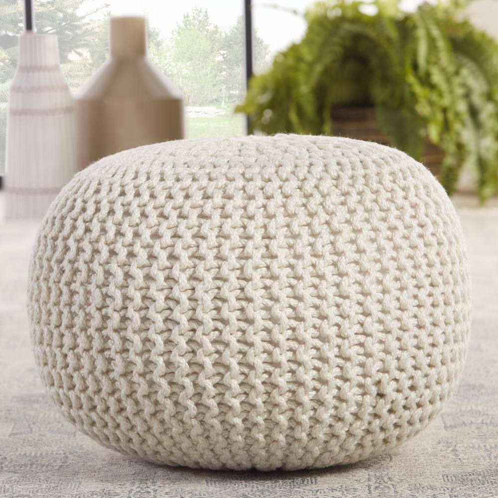 Beige Chunky Knit Indoor/Outdoor Round Pouf