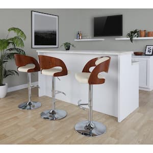 Pino 33 in. Cream Faux Leather, Chrome Metal, and Walnut Wood Adjustable Barstool (Set of 3)