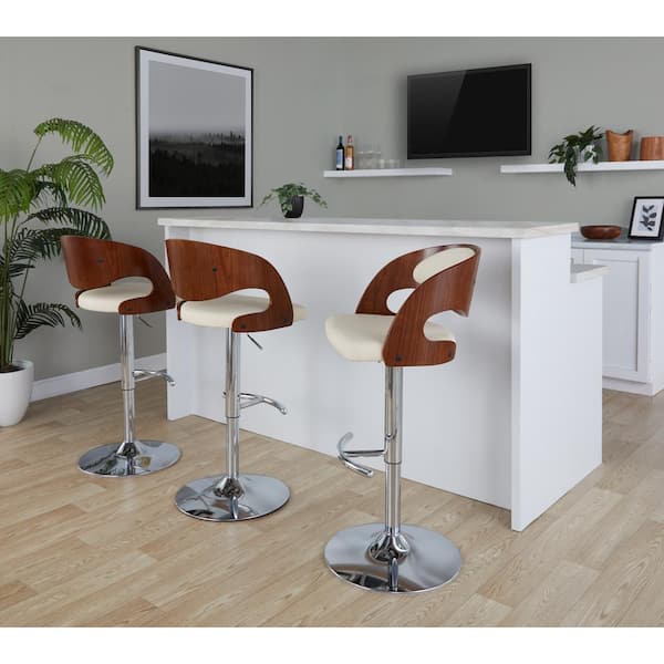 LumiSource Pino 33 in. Cream Faux Leather, Chrome Metal, and Walnut Wood Adjustable Barstool (Set of 3)