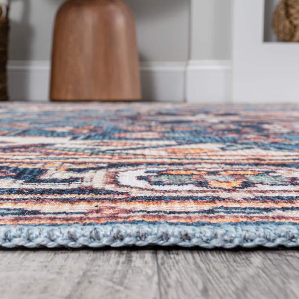 Cirali Blue and Beige Medallion Washable Area Rug