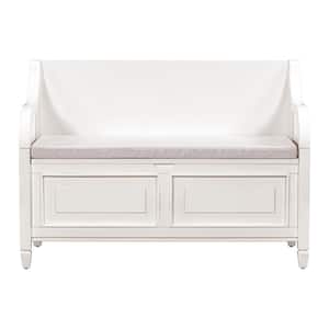 Rustic Style White Storage Bench Entryway Bench with Linen Upholstered Top Cushion