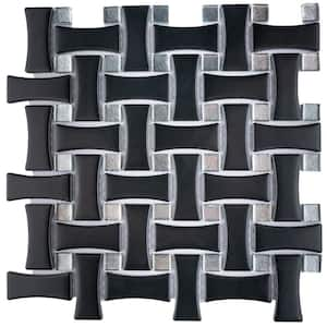 Metro Dog Bone Basketweave Matte Black with Glass Silver Dot 10 in. x 10 in. Porcelain Mosaic Tile (7.1 sq. ft./Case)