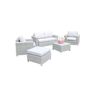 5-Piece Light Gray Wicker Outdoor Sectional with White Cushions