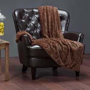 Embossed Brown Trestle Faux Fur Throw Blanket with Reversible Mink, 50 x 65 in.