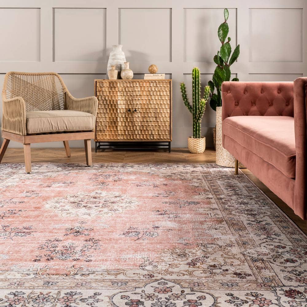Ivory Floral Synthetic Washable Rectangular Area Rug