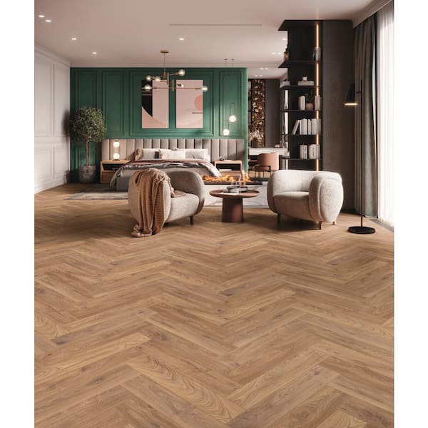 Krono Original Chantilly Oak Herringbone 8mm T x 4.96 in. W Water Resistant Laminate Wood Flooring (9.40 sq. ft./Case)