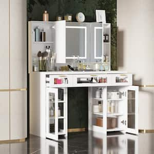 White Makeup Vanity Desk Dressing Table W/3 LED Lighted Mirrors, Cabinets, Glass Panel Drawers, Hidden Storage Shelves