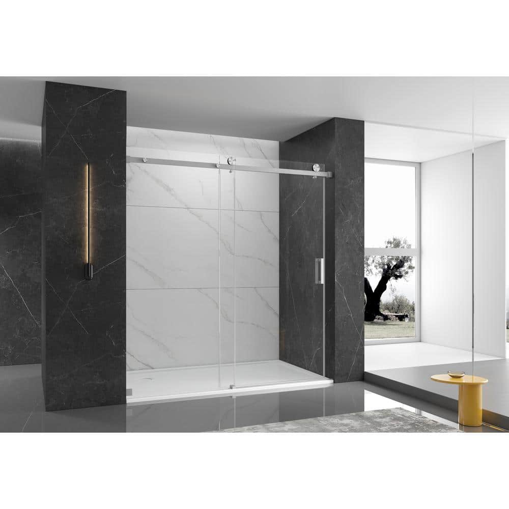 60 in. W x 76 in. H Single Sliding Frameless Shower Door in Brushed Finish 