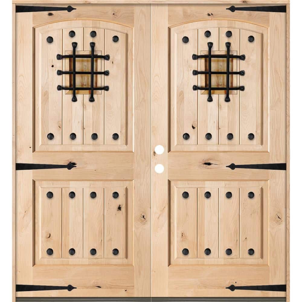 72 in. x 80 in. Mediterranean Knotty Alder Arch Top Unfinished Right-Hand Inswing Wood Double Prehung Front Door price history on PriceWatchPro