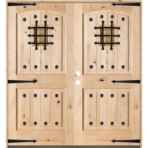 72 in. x 96 in. Mediterranean Knotty Alder Arch Top Unfinished Right-Hand Inswing Wood Double Prehung Front Door