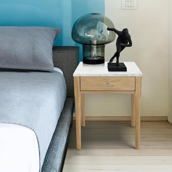 AndMakers Alto 22 in. Carrara White Square Italian Marble Side Table with Oak Legs