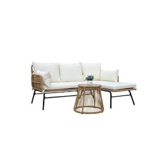 Wicker Outdoor Patio Sectional Sofa Set with Beige Cushion and Round Tempered Glass Table