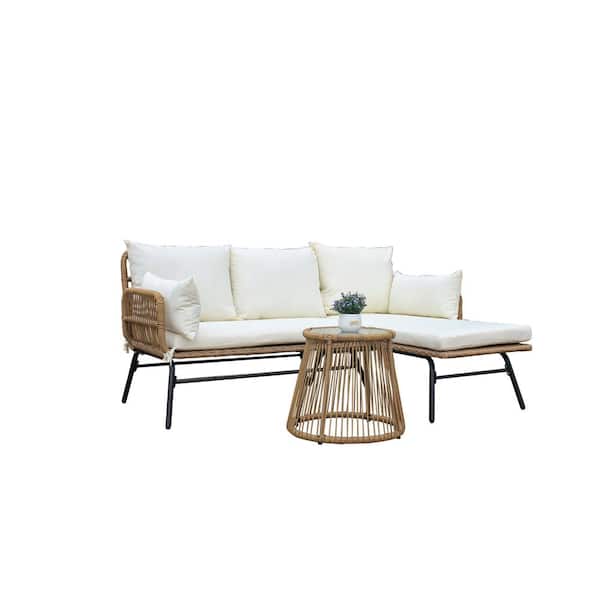HOMEFUN Wicker Outdoor Patio Sectional Sofa Set with Beige Cushion and Round Tempered Glass Table