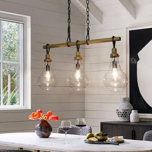 Modern Farmhouse Black Bedroom Chandelier, 3-Light Wood Accents Island Chandelier with Clear Teardrop Glass Shades