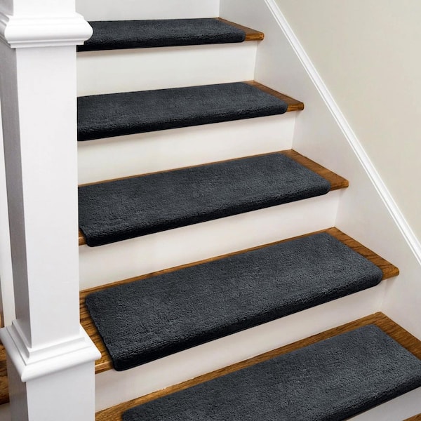 Dark Gray 9.5 in. x 30 in. x 1.2 in. Plush Bullnose Indoor Stair Tread Cover Carpet Self Adhensive Mat (Set of 12)