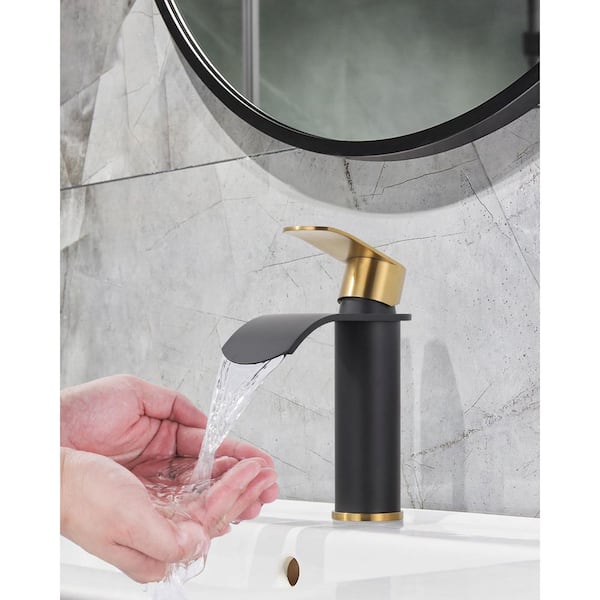 Waterfall Single Handle Single Hole Bathroom Faucet with Deckplate and Pop Up Drain in Black and Gold
